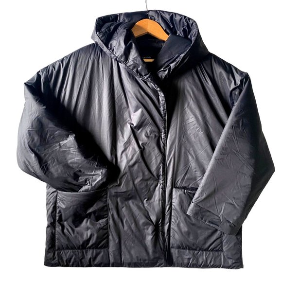 Eileen Fisher PL LP Petite Large Eggshell Recycled Nylon boxy puffer coat black - Picture 6 of 15